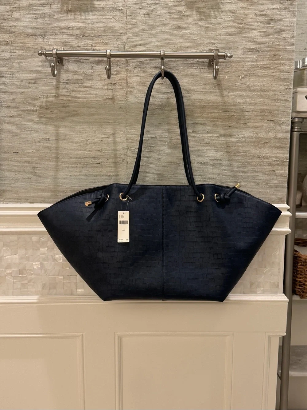 NWT new Anthropologie Maeve embossed croc tote bag navy blue huge